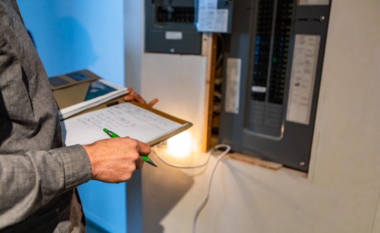 home Inspector in front of electric distribution board during inspection, selective focus and close up on man's hands as he holding notebook and pen